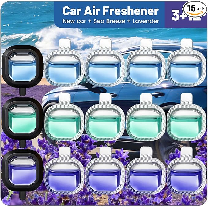 STRN Car Air Freshener, 12 Refills + 3 Square Vent Clips, 5 New Car & 5 Sea Breeze & 5 Lavender Scents, Long Lasting Air Fresheners Car Accessories Fragrance, Each Up to 20-30 Days