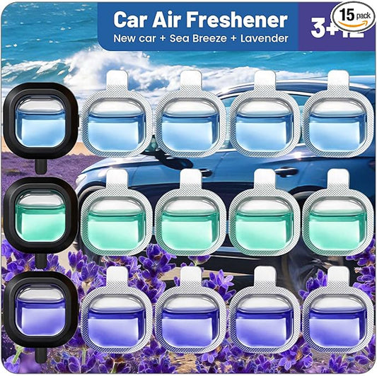 STRN Car Air Freshener, 12 Refills + 3 Square Vent Clips, 5 New Car & 5 Sea Breeze & 5 Lavender Scents, Long Lasting Air Fresheners Car Accessories Fragrance, Each Up to 20-30 Days