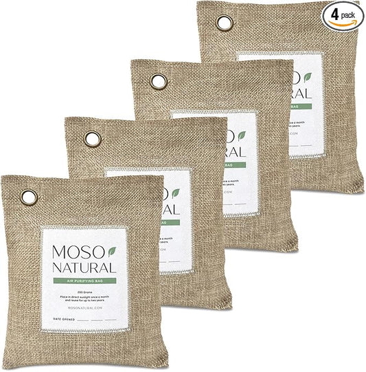 Moso Natural Air Purifying Bag 200g (4 Pack). A Scent Free Odor Eliminator for Cars, Closets, Bathrooms, Pet Areas. Premium Moso Bamboo Charcoal Odor Absorber. Two Year Lifespan! (Natural Beige)