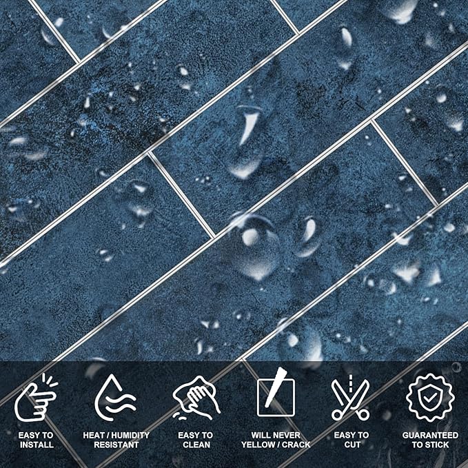 24-Pieces Peel and Stick Tiles for Kitchen Backsplash, New Upgrade Design 12" x 3"SPC Subway Backsplash Tiles, Marble Blue Premium Finger Tiles (Blue).