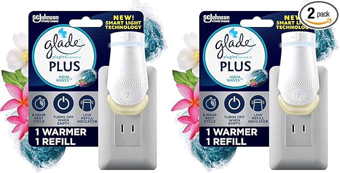 Glade PlugIn Plus Air Freshener Starter Kit, Scented Oil for Home and Bathroom, Aqua Waves, 0.67 Fl Oz, 1 Warmer + 1 Refill (Pack of 2)