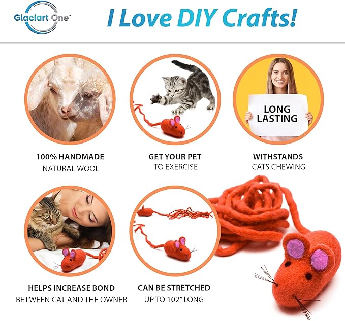 Glaciart One Felt Mouse Cat Toy – Soft Fuzzy Enrichment 100% Natural Wool - Interactive Catnip Play Cat Toy Set - Safe for Pets, Non-AZO Colored Dyes - 100” Long