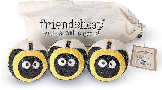 Friendsheep Wool Dryer Balls, Organic Reusable Fabric Softener Alternative for Laundry, Handmade, Fair Trade, Hypoallergenic, Eco-Friendly, Plastic-Free (3 Pack XL ??Honey Bee)