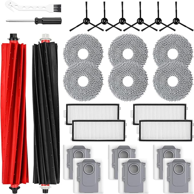 26 Pack Replacement Accessories for Roborock Qrevo Master/Qrevo Slim Robot Vacuum Cleaner, 2 Main Brush 6 Side Brushes 4 HEPA Filters 6 Mop Pads 6 Dust Bags 1 Cleaning Brush 1 Screwdriver