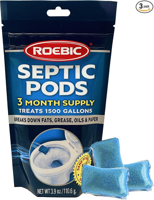 Roebic Septic Tank Treatment Pods, 3 Month Supply of Easy Flush Dissolvable Packets, Bacterial Enzyme Formula for Clog Prevention, Odor Control, Treats 1500 Gallons, 3 Pods