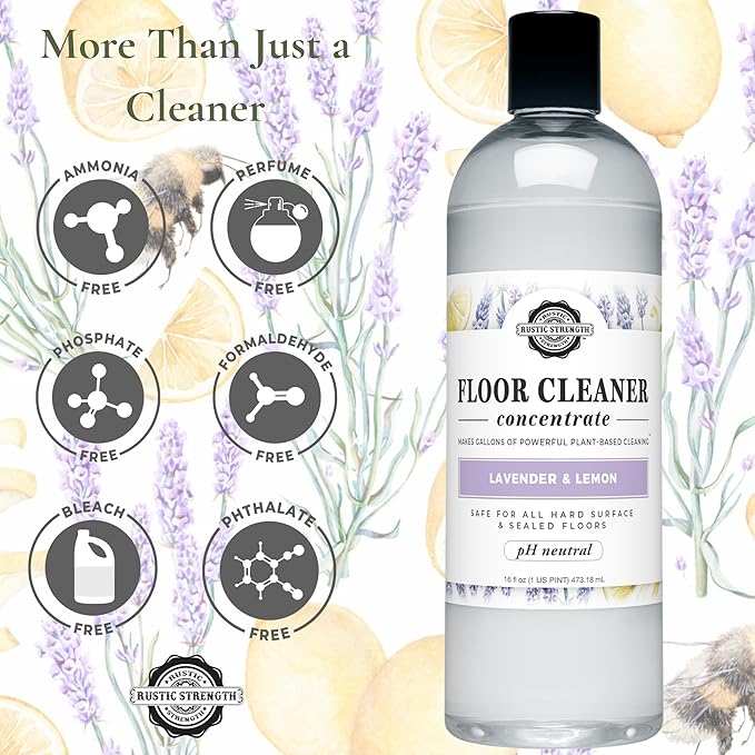 Rustic Strength Floor Cleaner Concentrate, Lavender and Lemon Scent, Plant-Based Multi-Purpose Cleaner, pH Neutral, 16 oz