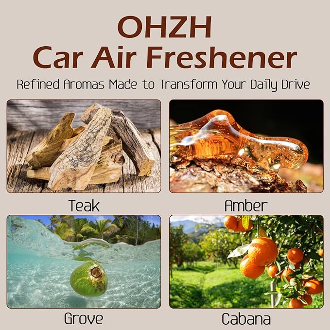 Car Air Freshener-The Original Wood Air Freshener-Car Odor Eliminator for Visor Clip-Long Lasting Scent,Vehicle Scent Diffuser for Truck & SUV-Pack of 4 (Teak-Amber-Cabana-Grove) INCLUDED 2 CLIPS