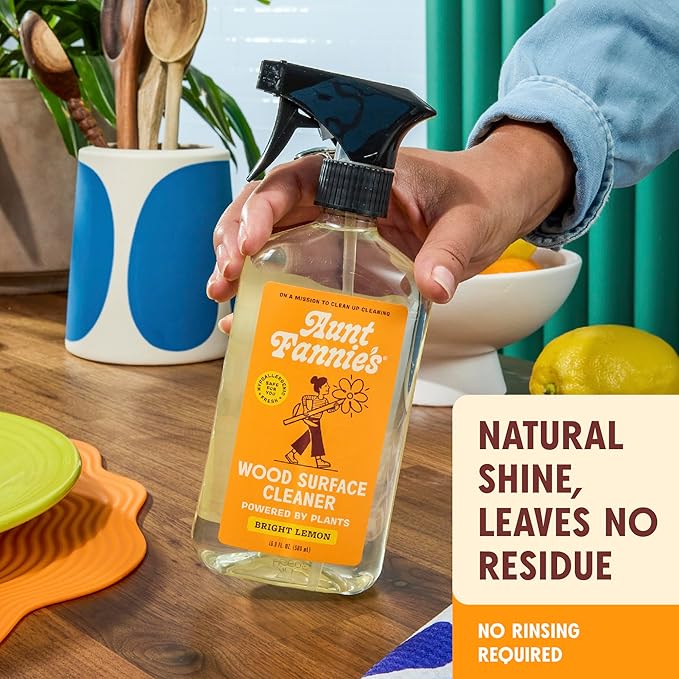Aunt Fannie's All Purpose Wood Spray Cleaner, No-Wax Formula, Perfect for Wood Tables, Walls, Counters & Shelves, 16.9 Ounces, Lemon Scent (Pack of 6)