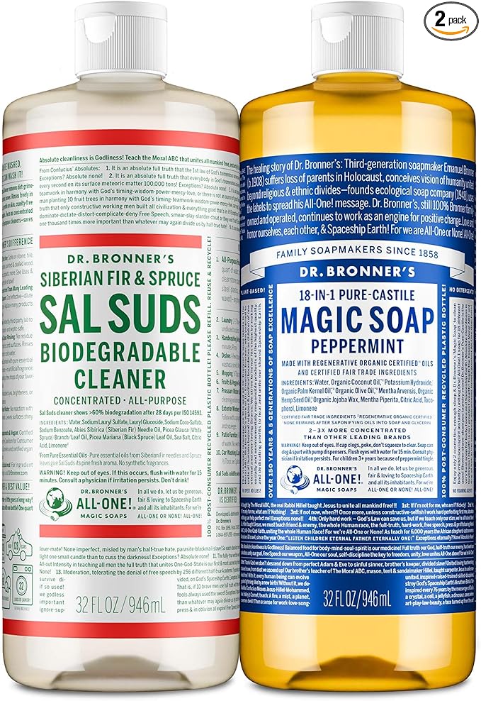 Dr. Bronner’s Pure-Castile Magic Soap Variety Pack & Sal Suds Biodegradable Cleaner Liquid Body Soap, All-Purpose Cleaner, Vegan, Cruelty-Free, Non-GMO, Peppermint Pure-Castile Liquid 32 oz & Sal Suds