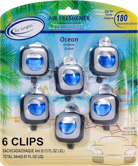 Air Jungles Ocean Scent Car Scent Car Air Freshener Vent Clip, 6 Count Long Lasting Up to 180 days, Natural Essential Oil Car Fragrance for Women and Men, Odor Eliminator - 4ml Each