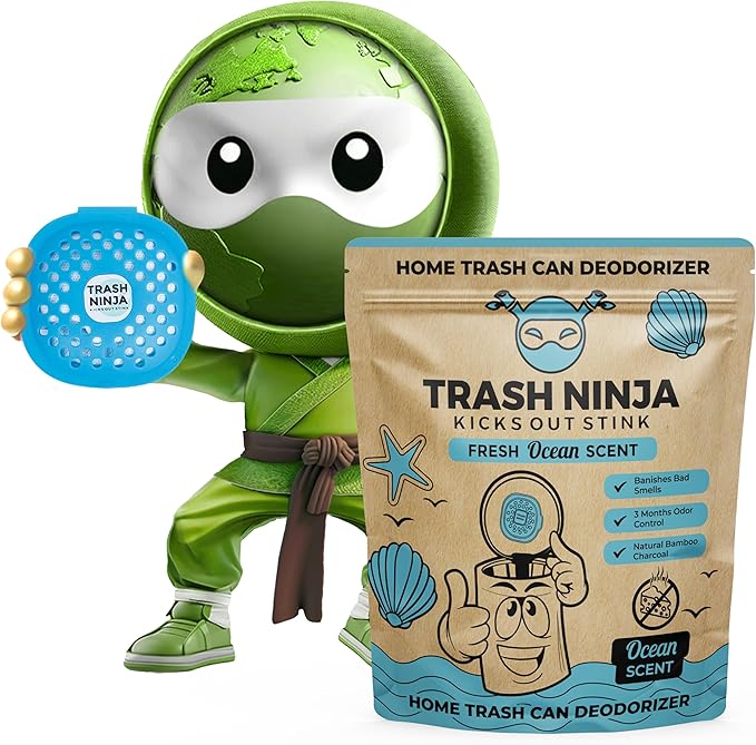 Trash Ninja Trash Can Deodorizer – Stick-On Air Freshener with Activated Charcoal and Fresh Ocean Scent for Kitchen, Bathroom, Fridge, Dumpster, and Trash Compactor Smell Removal