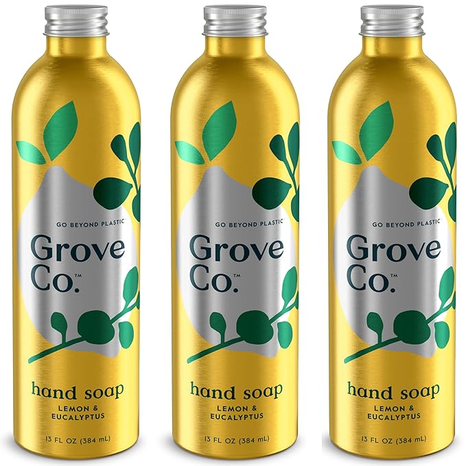 Grove Co. Hydrating Gel Hand Soap Refills (3 x 13 Fl Oz) | Plastic-Free Liquid Hand Soap Refill Set, Leaves Hands Soft and Clean, 100% Natural Lemon & Eucalyptus Fragrance