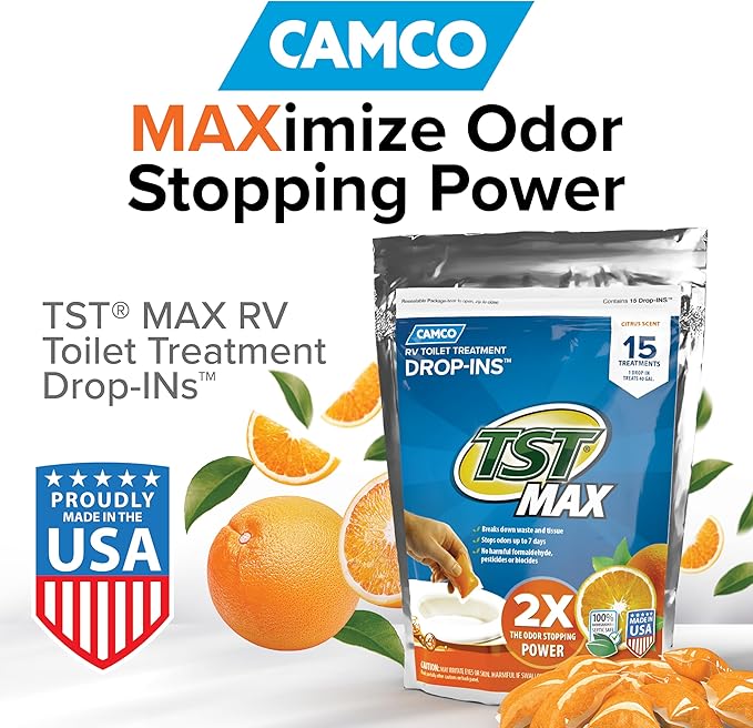 Camco TST MAX RV Toilet Treatment Drop-INs - Control Unwanted Odors and Break Down Waste and Tissue - Safe Septic Tank Treatment - Orange Scent - 15-Pack (41189)