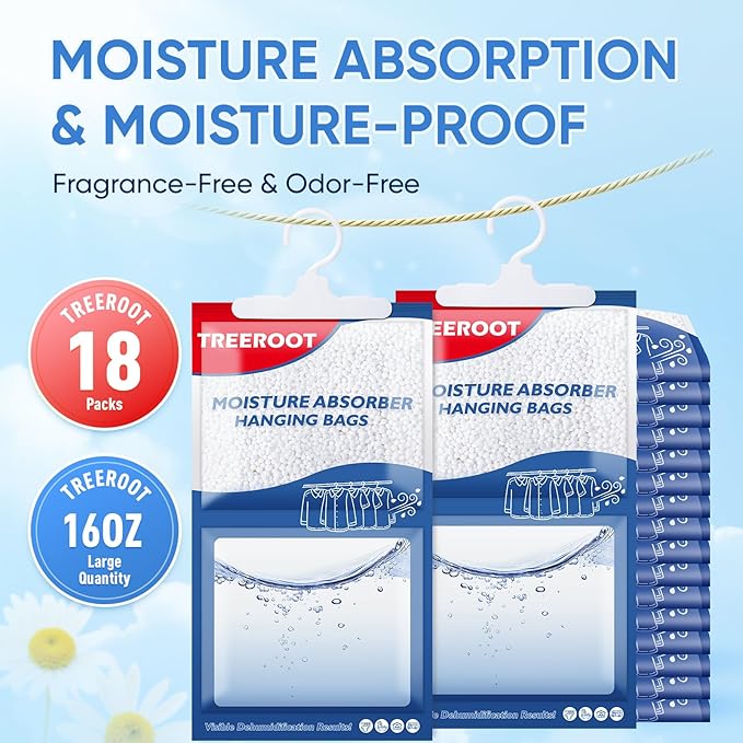 18 Pack Moisture Absorbers for Closet, 16OZ Hanging Closet Dehumidifier Bags, Hanging Humidity Absorber in Wardrobes, Kitchens and Bathrooms, Fragrance Free Portable Moisture bags