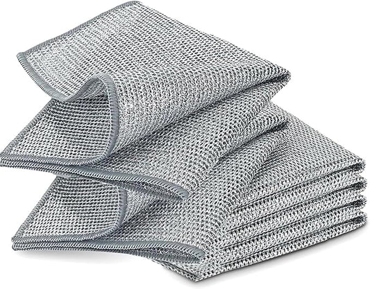 YinQin 6 PCS Double Layer Stainless Steel Scrubber Wire Dishwashing Cloth Non Scratch Stainless Steel Mesh Dish Cleaning Cloth 20x20 cm Metallic Wire Cleaning Rag Towel for Kitchen Dish Sink Stove Top