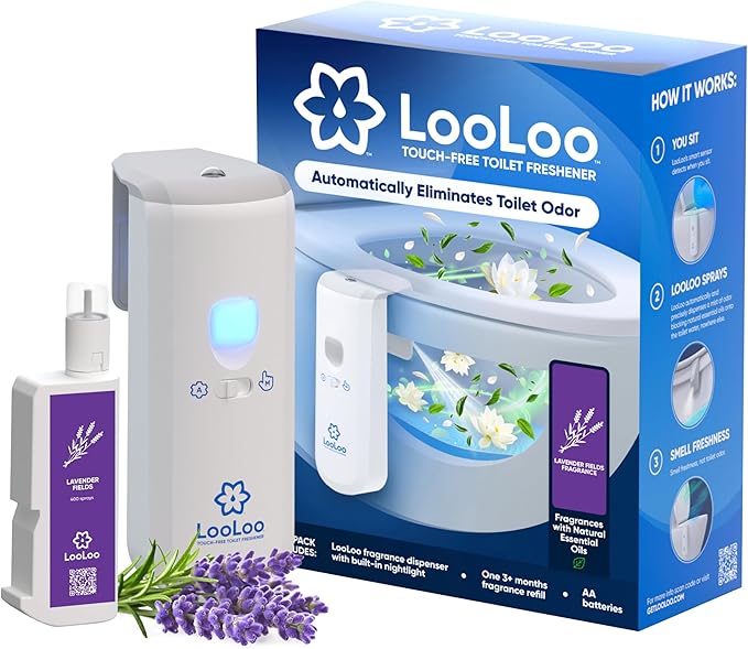 LooLoo 3.0 Touch Free Toilet Freshener Automatic Air Freshener Spray for Bathroom Starter Kit with Light and Toilet Deodorizer, Bathroom Spray Odor Eliminator - Lavender