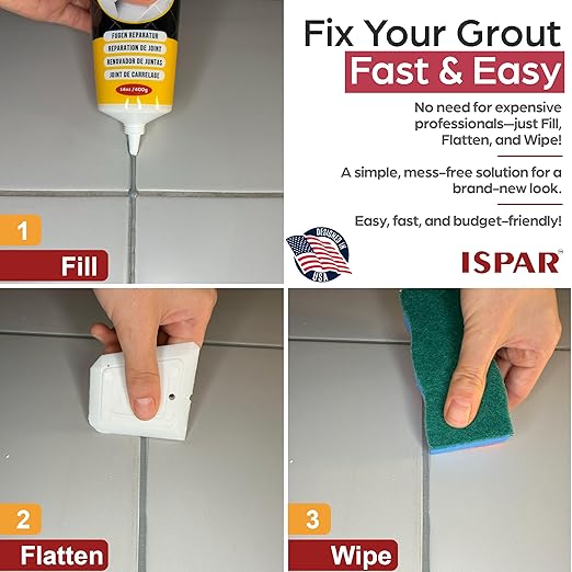 Tile Grout, Repair Kit – Gray Grout Filler 14oz Pre-Mixed Tube, Fast Drying Grout Paint for Bathroom, Shower, Kitchen, Floor Tiles – Includes Spatula & Sponge