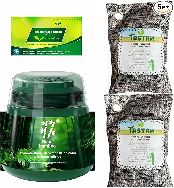 Lavender non-electric air purifier set: formaldehyde-removing gel+ test kit+2activated charcoal packs. Eliminates formaldehyde, benzene, ammonia, TVOC & odors. For bedroom, closet, kitchen, new home