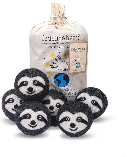 Friendsheep Wool Dryer Balls, Organic Reusable Fabric Softener Alternative for Laundry, Handmade, Fair Trade, Hypoallergenic, Eco-Friendly, Plastic-Free (6 Pack XL ??Gray Sloth - Sloth Squad)