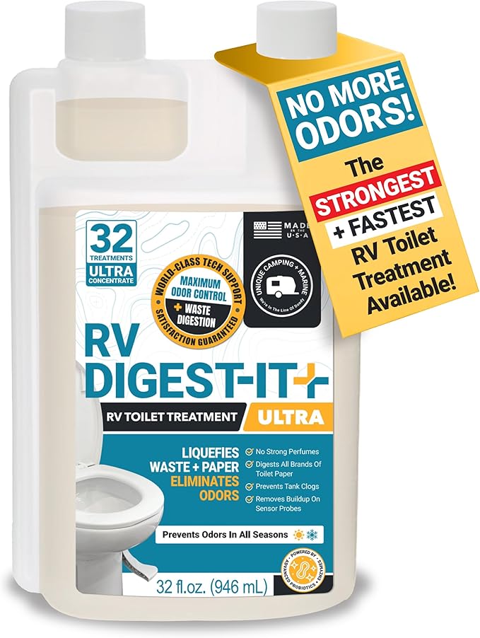 Unique RV Digest-It Ultra RV Toilet Treatment, 32 Uses, Super Concentrated - Eliminates Smells and Liquifies Waste, Easy-Measure Extra-Strength Preventive Bio-Enzymatic Holding Tank Treatment (32 oz)