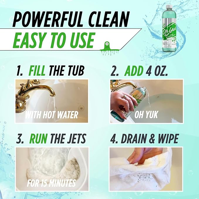Oh Yuk Jetted Tub Cleaner for Jacuzzis, Bathtubs, Whirlpools, The Most Effective Jetted Tub Cleaner, Septic Safe, 4 Cleanings per Bottle - 16 Ounces