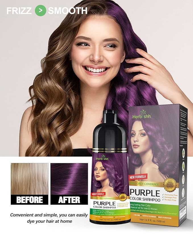 Herbishh Hair Color Shampoo for Gray Hair Purple 500 ML + Hair Color Stain Remover Wipes - Travel Pack With 5 Wipes