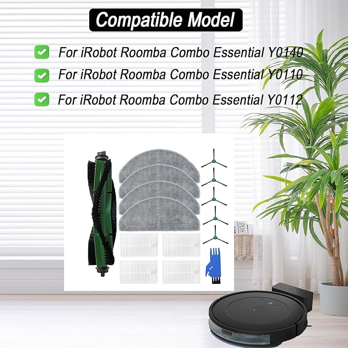 Replacement Kit for iRobot Roomba Combo Essential Y0140, Y0110, Y0112, Q0120 Robot Vacuum Cleaner, Essential Y0140 Accessories,1 Main Brush, 4 HEPA Filters, 4 Mop Pads,5 Side Brushes