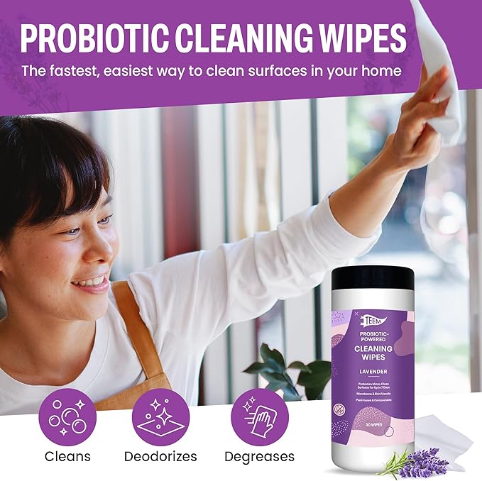 TEEM Probiotic Cleaning Wipes with Lavender Essential Oil, Microcleans Surfaces for up to 7 Days, Home Compostable & Biodegradable, All-Natural Multi Surface Wipes - 30 Count (Pack of 1)