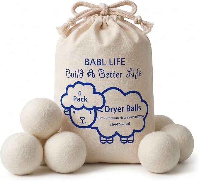 Wool Dryer Balls 6 Pack, 2.6 Inch, 100% New Zealand Wool, Reusable Natural Fabric Softener for Everyday Laundry, Helps Reduce Drying Time, Wrinkles and Static Cling