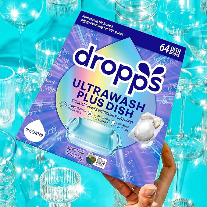 Dropps UltraWash Plus Dishwasher Detergent Pods, Unscented (64 Ct) Free & Clear | Triple Action | Built In Rinse Aid | Cuts Grease & Stuck-On Food | Sparkling Dishes | Residue-Free | Clean Ingredients