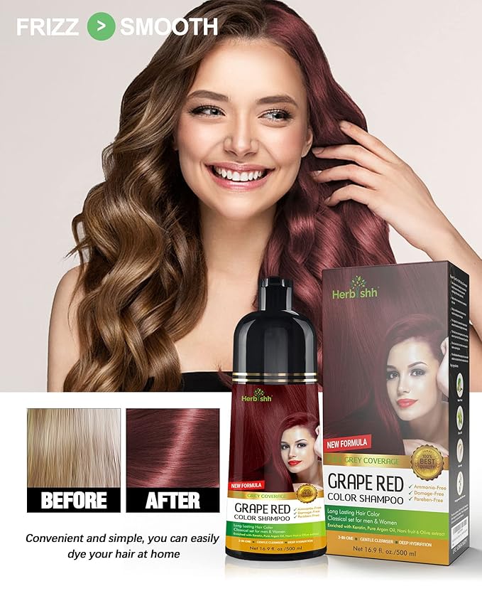 Herbishh Hair Color Shampoo for Gray Hair Grape Red 500 ML + Hair Color Stain Remover Wipes- Travel Pack With 5 Wipes