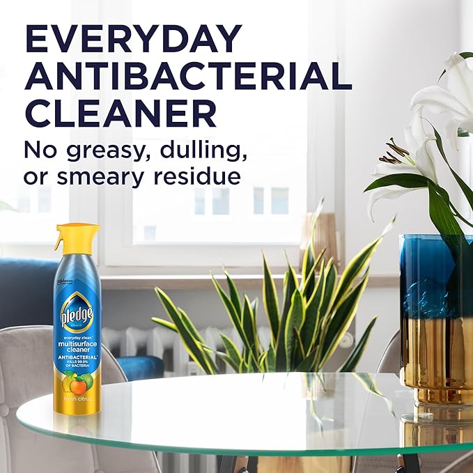 Pledge Antibacterial Multisurface Cleaner Spray, Wood Furniture, Stainless Steel, and Electronics Cleaner, Sanitizes as Cleans, Remove Dust and Messes - Fresh Citrus Scent, 9.7oz, Pack of 3