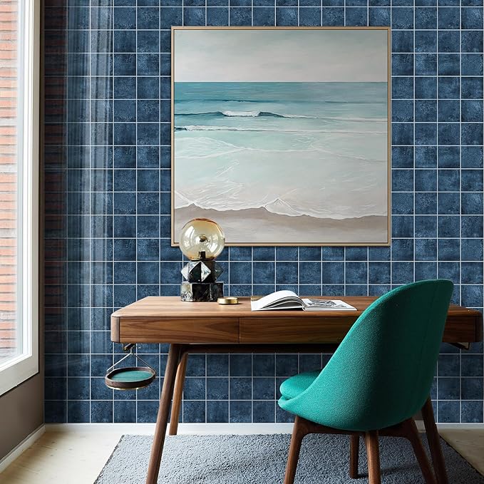 Peel and Stick Tiles for Kitchen Backsplash, New Upgrade Design 9" x9"SPC Square Marble Tiles, Marble Blue Premium Mosaic Tiles,(5-Sheet)