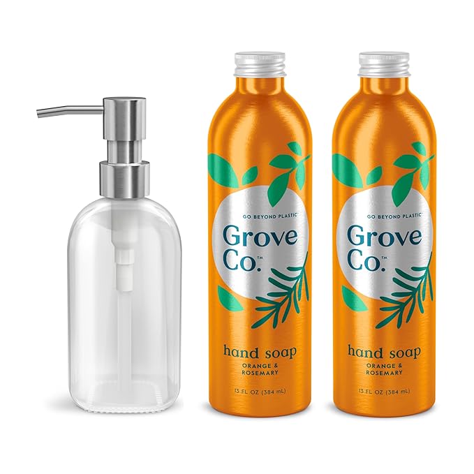 Grove Co. Hydrating Gel Hand Soap Refills (2 x 13 Fl Oz) + 1 x Reusable Glass Soap Dispenser, Plastic-Free & Liquid Refillable Starter Kit, Natural Orange & Rosemary Fragrance