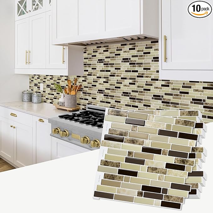 Vamos Tile 12" x 12" Peel and Stick Self Adhesive Kitchen Backsplash, Stick On Tile Backsplash for Kitchen & Bathroom(10 Sheets)