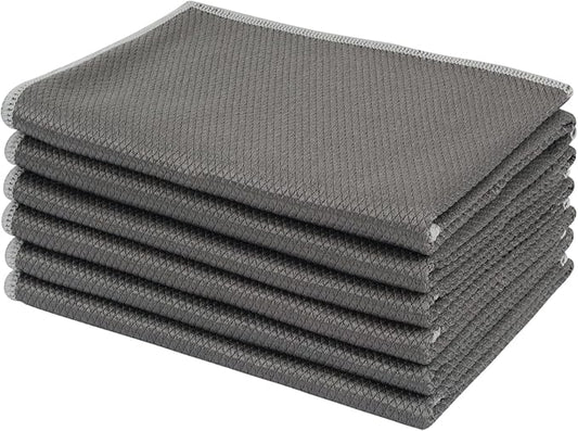SINLAND Microfiber Glass Cleaning Cloths Wipes for Window, Car Windows, Mirrors, Eye Glass, Lens and Stainless Steel, Lint Free, Streak Free, 6-Pack, 16x16 Inch, Grey