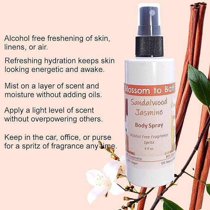 Blossom to Bath Sandalwood Jasmine Body Spray (4 Ounce) - Natural Fragrance - Energizes Skin with a Stirring Earthy Floral Scent