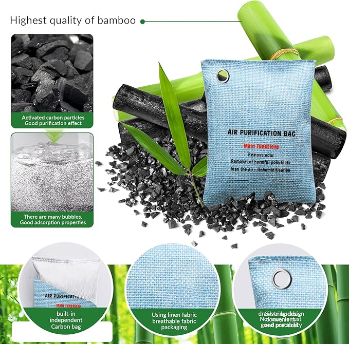 2 Bags Natural Air Purifying Bag | Bamboo Charcoal Odor Absorber for Home & Car | Closet Odor Eliminator, Small Room Deodorizer & Car Air Freshener | Charcoal Bags (100g light blue, Unscented)