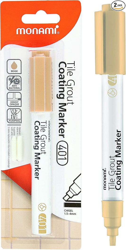 MONAMI Tile Grout Coating Marker 401, Chisel Tip (1.5~4mm), Repair Marker with Replaceable Nib Tips to Restore Grout Lines, Beige, 1 Marker + 2 Extra Tips