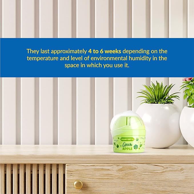 HUMYDRY Moisture Absorber Device, Mini Pack of 12 of 2.6oz, Small Space Dehumidifier and Air Freshener with Green Apple Scent, Non Electric Humidity Absorber for Closet Bedroom and Compact Areas