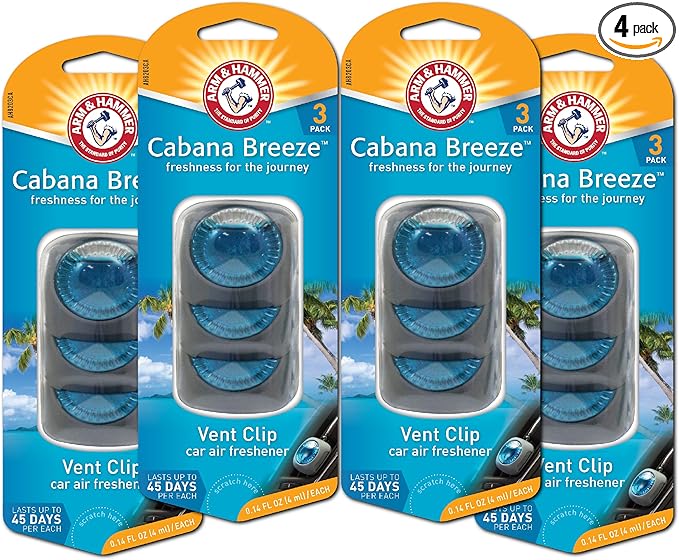 Arm & Hammer AH8203CA Cabana Breeze Freshness Vent Clip for Car Air Freshener 4 Pack of 3 Piece in Each