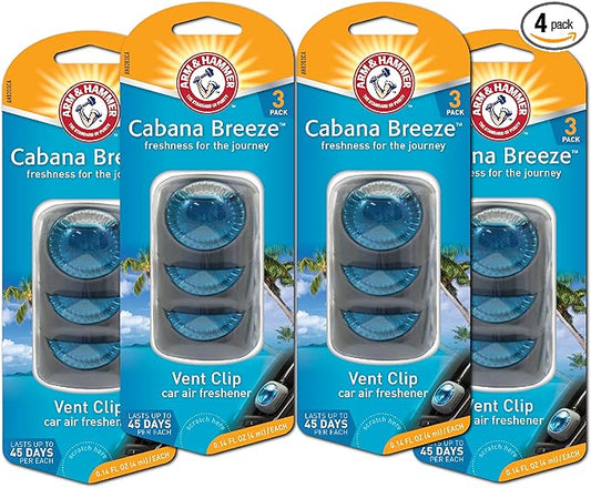 Arm & Hammer AH8203CA Cabana Breeze Freshness Vent Clip for Car Air Freshener 4 Pack of 3 Piece in Each