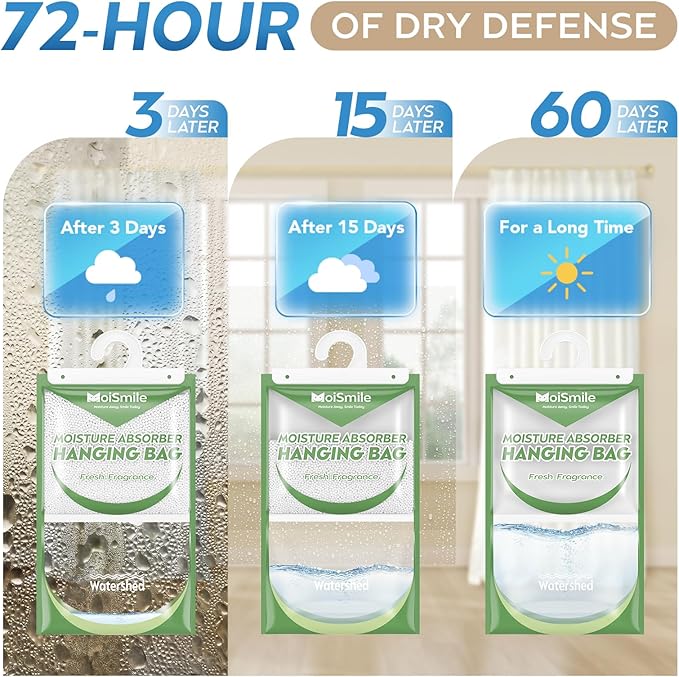 Hanging Moisture Absorbers 3 Pack Net Wt. 17.5oz/Pack, Fresh Fragrance Closet Dehumidifier Bags, Odor Eliminator & Humidity Absorber, Humidity Packs for Bathroom, Bedroom, Basement, Car, RV & Boat