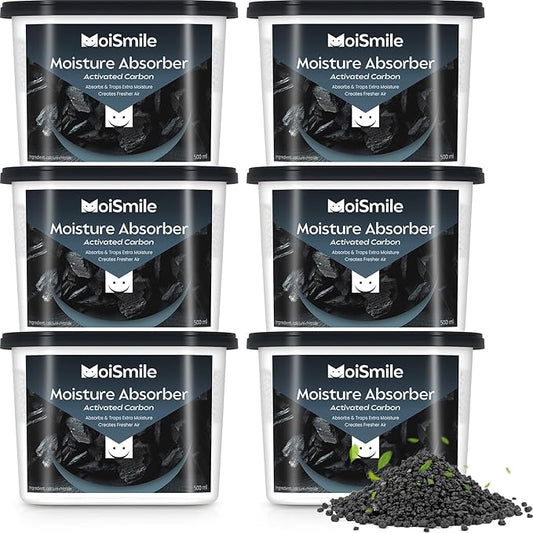 Moisture Absorbers 6 Packs, 10.8 Oz/ 300g Activated Charcoal Efficient Humidity Absorber ＆ Odor Absorber Boxes, Refillable Car Dehumidifier for Closet, Bathroom, Basement＆ RV