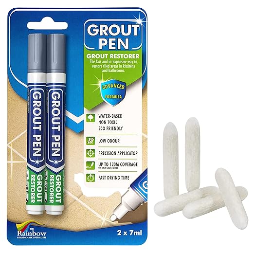Grout Pen Tile Paint Marker: 2 Pack Grey with 5 Pack Replacement Tips (Narrow, 5mm) - Waterproof Grout Colorant and Sealer Pen to Renew, Repair, and Refresh Tile Grout - Cleaner Coating Stain Pens