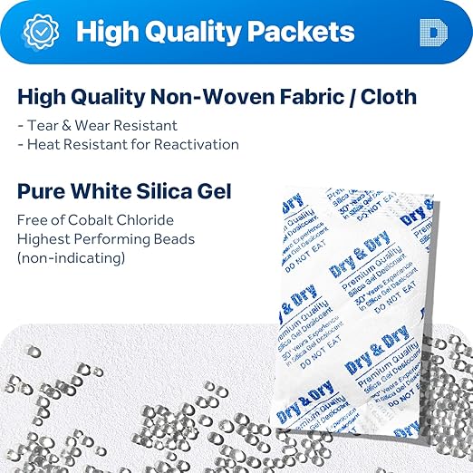 Dry & Dry 30 Gram [100 Packets] Silica Gel Packets Desiccants, Silica Packets - Rechargeable Moisture Absorbers for Food Storage, Electronics, 3D Filament & Safes