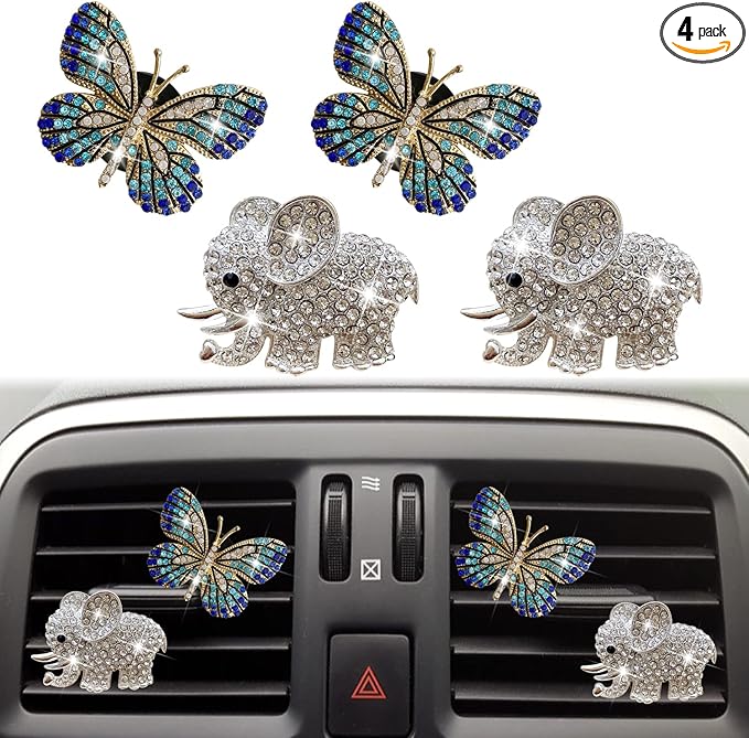 Bling Butterfly Air Vent Clips, 4 Pcs Crystal Elephant Air Fresheners, Diffuser Rhinestone Decoration Cute Interior Decor Accessories for Women