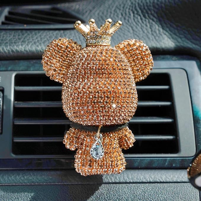 Cute Car Accessories, Bling Crystal Bear Car Air Freshener With Vent Clip,Rhinestone Aesthetic Car Decor Interior Decoration (GOLD)