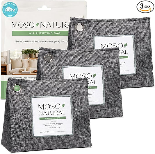Moso Natural Air Purifying Bag 600g (3 Pack) Premium Bamboo Charcoal Odor Absorber | Pet Odor Eliminator for Home | Room Deodorizer for Large Spaces, Bedroom, Kitchen, Basement | Charcoal Bags