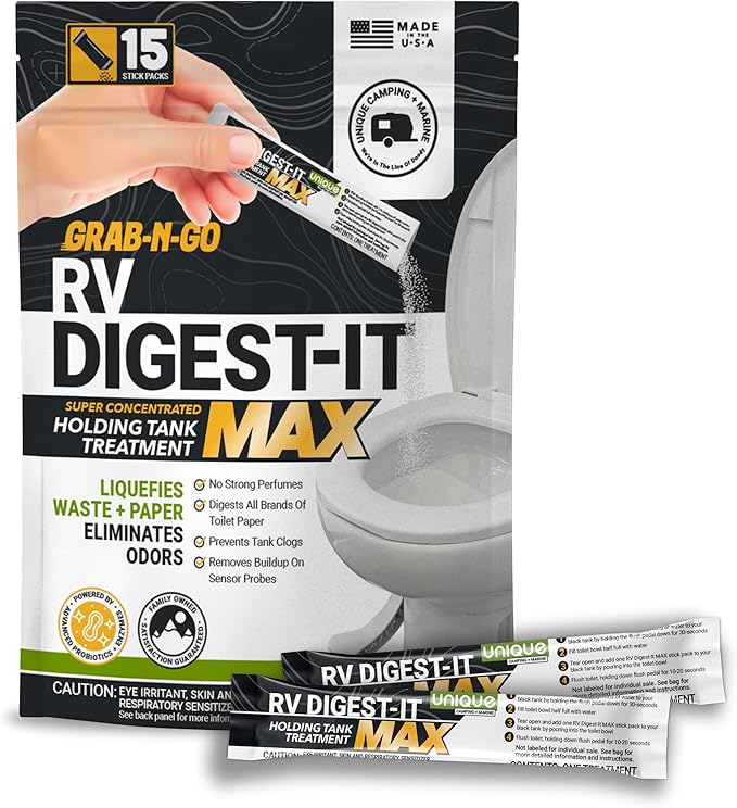 Unique RV Digest-It Max RV Toilet Treatment Stick Packs, 15 Count, No-Mess, Pre-measured, Grab-N-Go Black Holding Tank Treatment, Liquifies Waste and Paper, Odor Eliminator